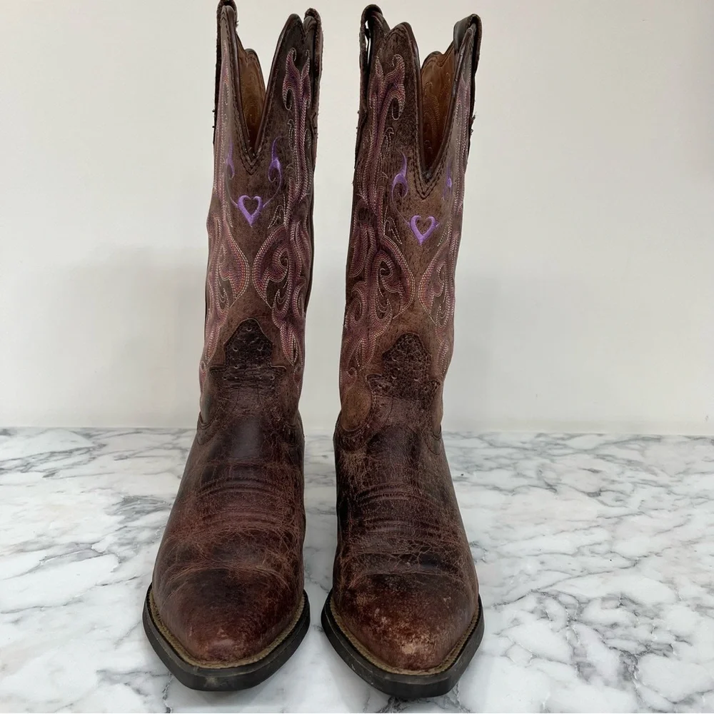 Justin Stampede Chocolate Puma women's 6B cowboy boots Purple Heart embroidery